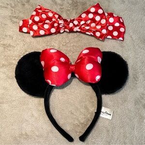 Disney Parks Minnie Mouse Polka Dot Ears & Red Bow Elastic Headband Set